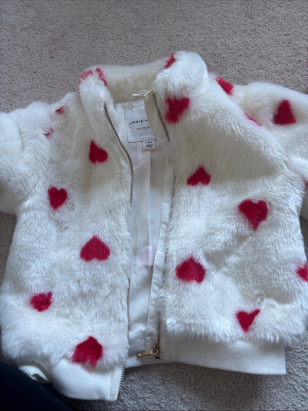 Janie and Jack White Faux-Fur Jacket with Red Heart Accents